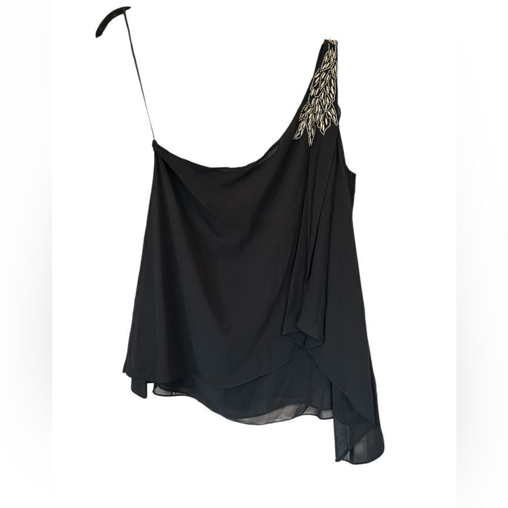 Guess One shoulder Beaded Bling Black Semi Sheer Blouse L
